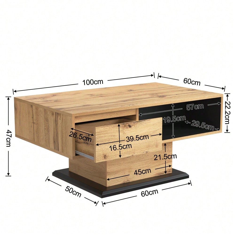 Couchtisch aus Holzmaserung, mit Eine grifflose Schublade, ein Staufach und Heckstaufach,doppelseitiger Stauraum. Büro, Wohnzimmer-Sofatisch, großer Stauraum.