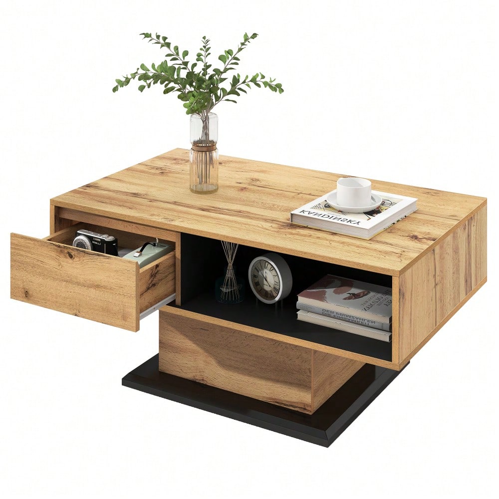 Couchtisch aus Holzmaserung, mit Eine grifflose Schublade, ein Staufach und Heckstaufach,doppelseitiger Stauraum. Büro, Wohnzimmer-Sofatisch, großer Stauraum.