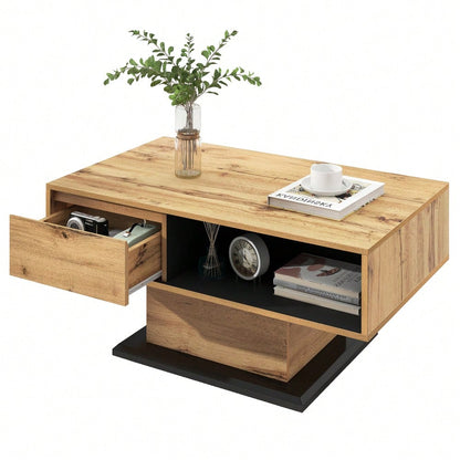 Couchtisch aus Holzmaserung, mit Eine grifflose Schublade, ein Staufach und Heckstaufach,doppelseitiger Stauraum. Büro, Wohnzimmer-Sofatisch, großer Stauraum.