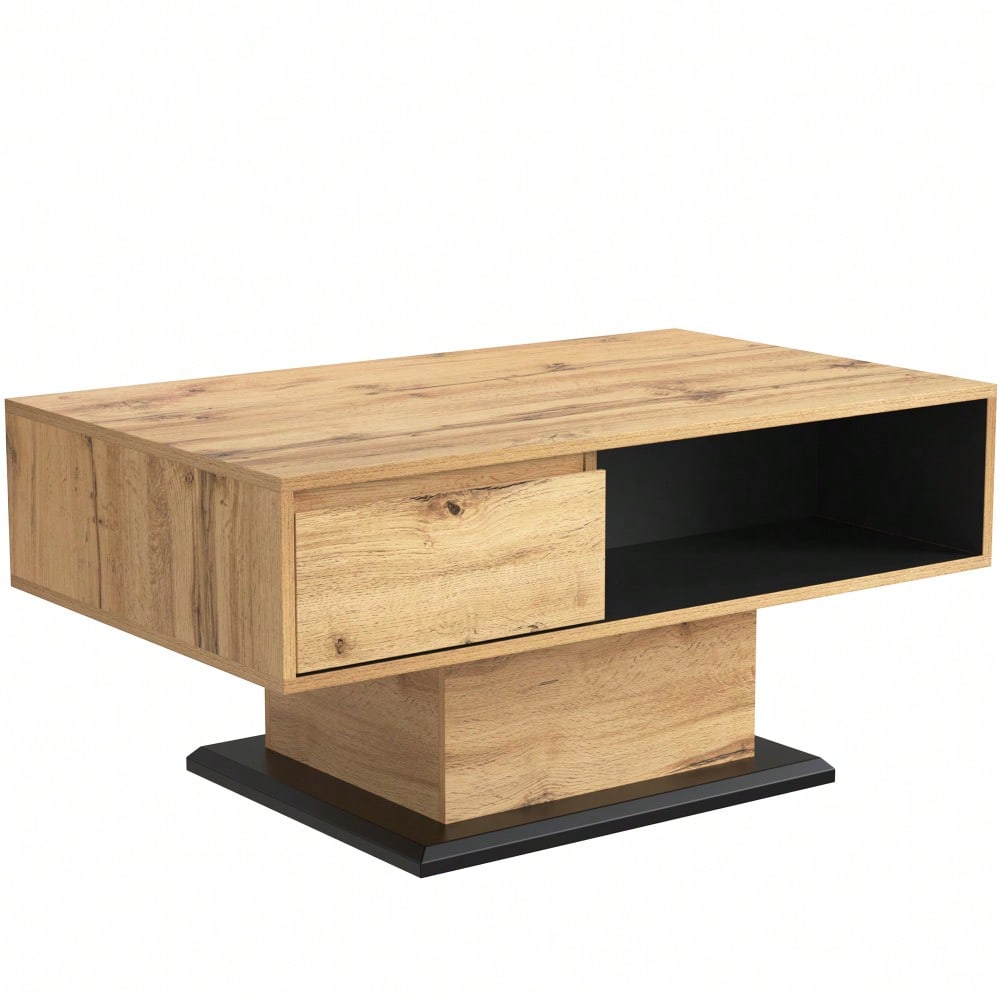 Couchtisch aus Holzmaserung, mit Eine grifflose Schublade, ein Staufach und Heckstaufach,doppelseitiger Stauraum. Büro, Wohnzimmer-Sofatisch, großer Stauraum.