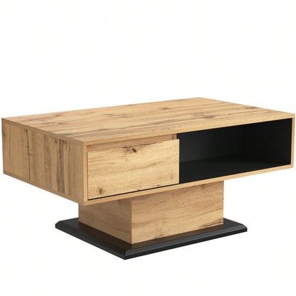 Couchtisch aus Holzmaserung, mit Eine grifflose Schublade, ein Staufach und Heckstaufach,doppelseitiger Stauraum. Büro, Wohnzimmer-Sofatisch, großer Stauraum.
