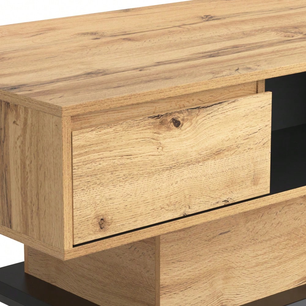 Couchtisch aus Holzmaserung, mit Eine grifflose Schublade, ein Staufach und Heckstaufach,doppelseitiger Stauraum. Büro, Wohnzimmer-Sofatisch, großer Stauraum.