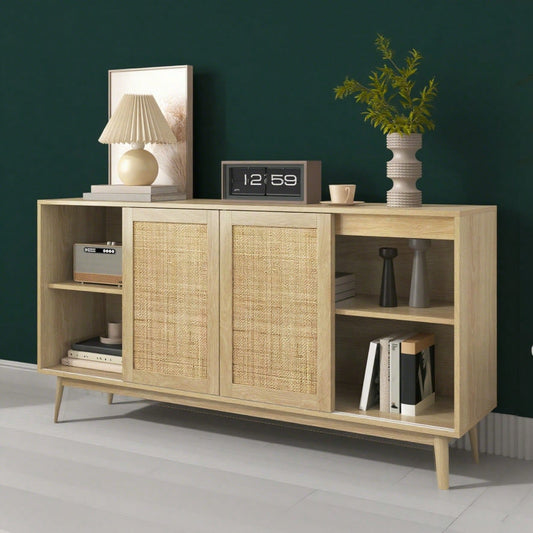 Sideboard mit 3 Schiebetüren aus echtem Rattan und 2 Schubladen, 155x38x80 cm, atmungsaktiv, stabil und vielseitig