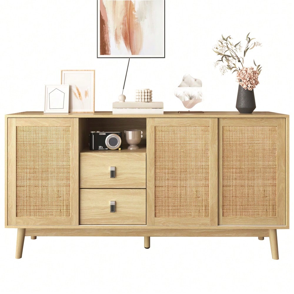 Sideboard mit 3 Schiebetüren aus echtem Rattan und 2 Schubladen, 155x38x80 cm, atmungsaktiv, stabil und vielseitig