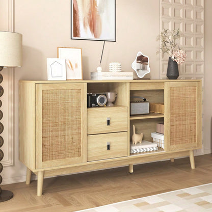 Sideboard mit 3 Schiebetüren aus echtem Rattan und 2 Schubladen, 155x38x80 cm, atmungsaktiv, stabil und vielseitig