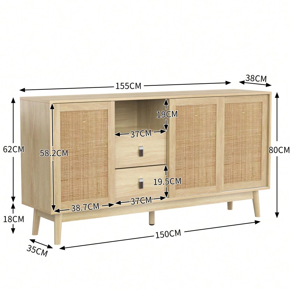 Sideboard mit 3 Schiebetüren aus echtem Rattan und 2 Schubladen, 155x38x80 cm, atmungsaktiv, stabil und vielseitig