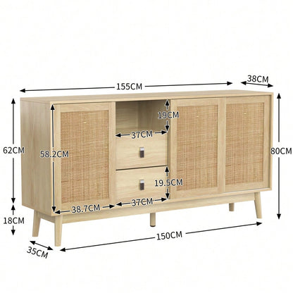 Sideboard mit 3 Schiebetüren aus echtem Rattan und 2 Schubladen, 155x38x80 cm, atmungsaktiv, stabil und vielseitig