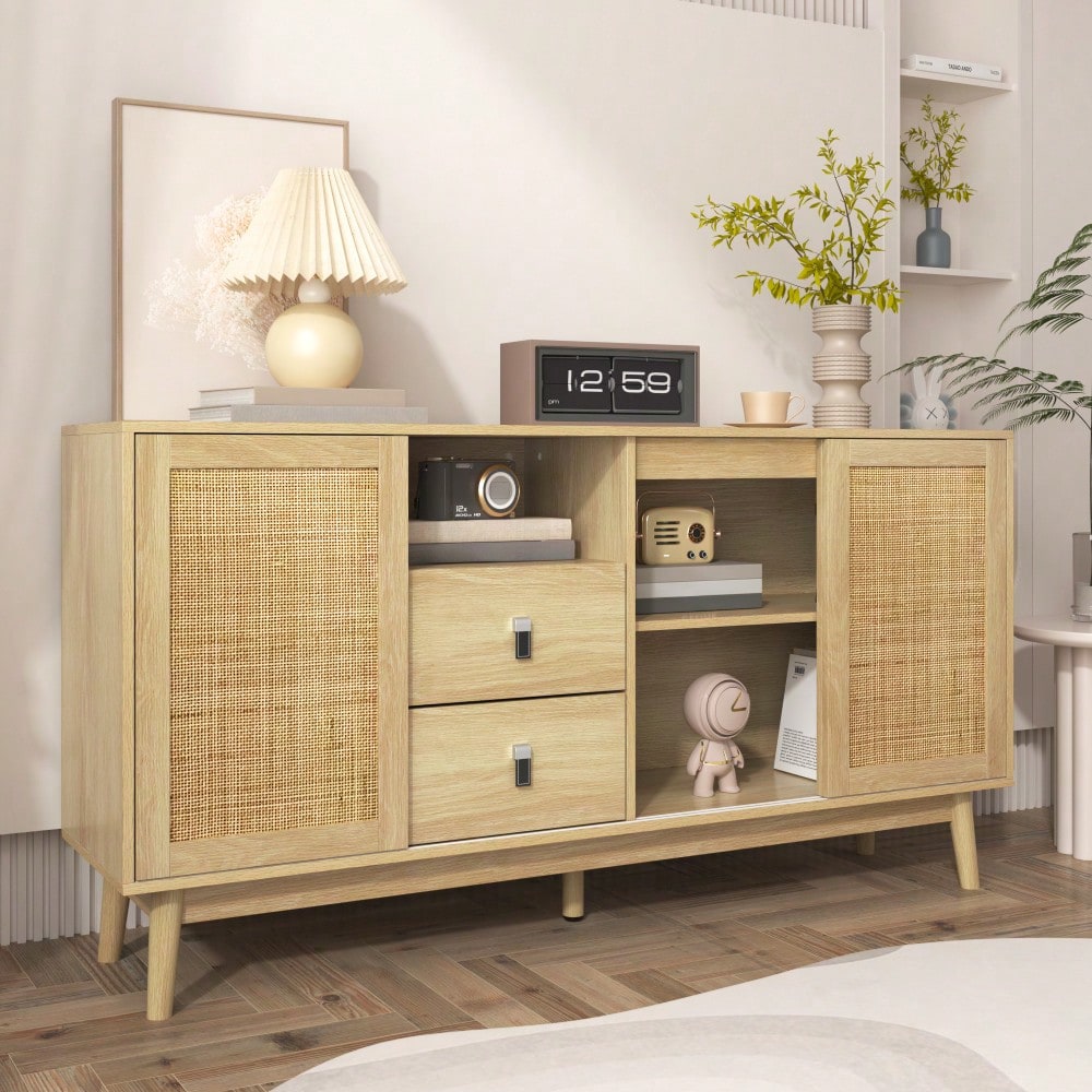 Sideboard mit 3 Schiebetüren aus echtem Rattan und 2 Schubladen, 155x38x80 cm, atmungsaktiv, stabil und vielseitig