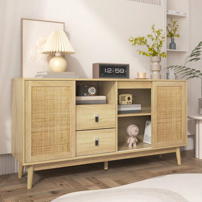 Sideboard mit 3 Schiebetüren aus echtem Rattan und 2 Schubladen, 155x38x80 cm, atmungsaktiv, stabil und vielseitig
