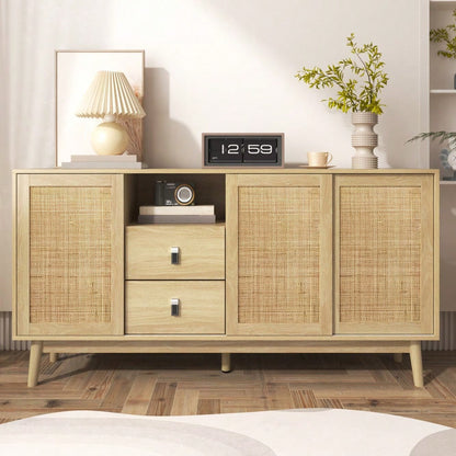 Sideboard mit 3 Schiebetüren aus echtem Rattan und 2 Schubladen, 155x38x80 cm, atmungsaktiv, stabil und vielseitig