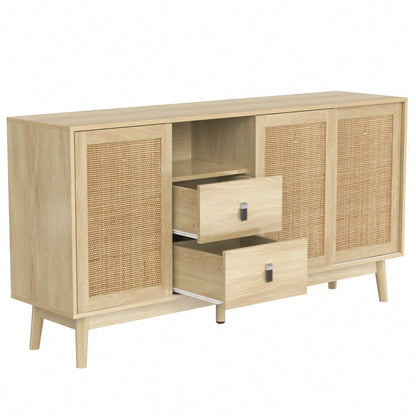 Sideboard mit 3 Schiebetüren aus echtem Rattan und 2 Schubladen, 155x38x80 cm, atmungsaktiv, stabil und vielseitig