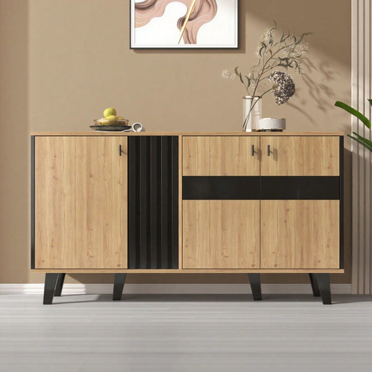 140 x 78,5 x 41 cm großes Sideboard, farblich abgestimmtes Design-Sideboard aus Holz und Schwarz mit Stauraum, Schrank mit LED-Licht und Glas, vielseitig einsetzbar . [OLD SKU:WF313227228SAA]