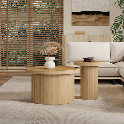 Couchtisch, doppelter runder Tisch, Beistelltisch mit Naturholzlatten. Multifunktionaler Wohnzimmertisch