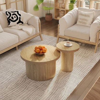 Couchtisch, doppelter runder Tisch, Beistelltisch mit Naturholzlatten. Multifunktionaler Wohnzimmertisch