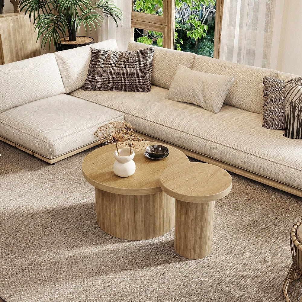 Couchtisch, doppelter runder Tisch, Beistelltisch mit Naturholzlatten. Multifunktionaler Wohnzimmertisch