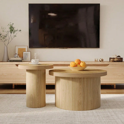 Couchtisch, doppelter runder Tisch, Beistelltisch mit Naturholzlatten. Multifunktionaler Wohnzimmertisch