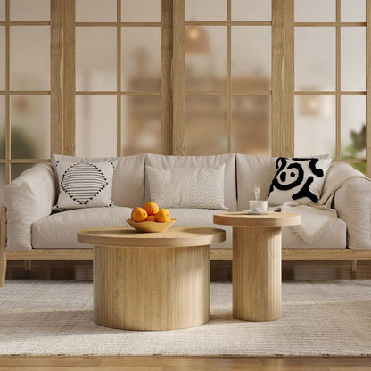 Couchtisch, doppelter runder Tisch, Beistelltisch mit Naturholzlatten. Multifunktionaler Wohnzimmertisch