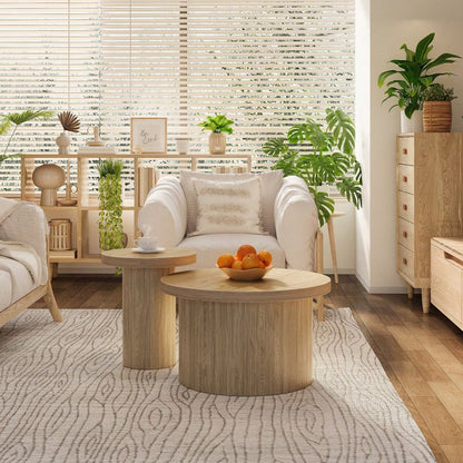 Couchtisch, doppelter runder Tisch, Beistelltisch mit Naturholzlatten. Multifunktionaler Wohnzimmertisch