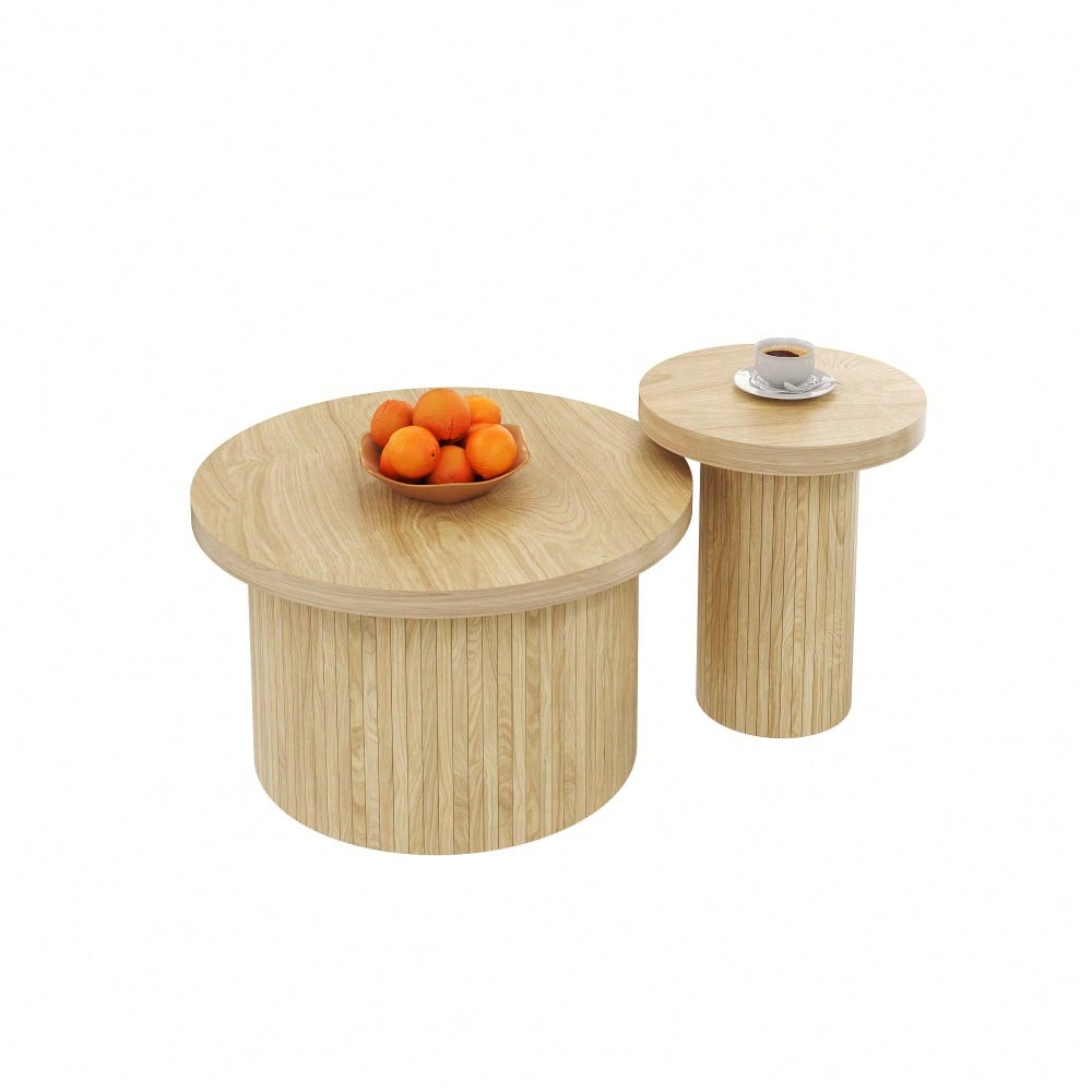 Couchtisch, doppelter runder Tisch, Beistelltisch mit Naturholzlatten. Multifunktionaler Wohnzimmertisch