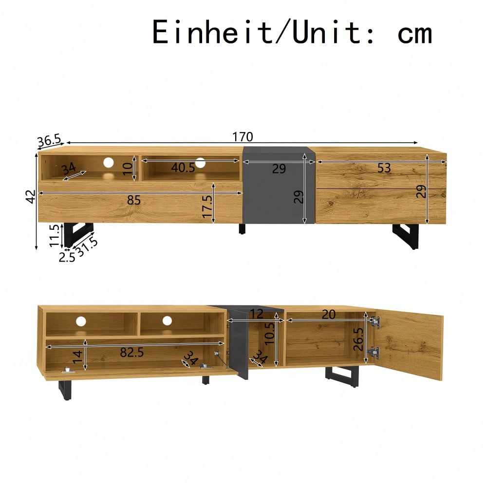 Colorblock-TV-Schrank, einfaches Kontrastfarbdesign, drei Türen und zwei Fächer, U-förmige Metallbeine, Retro-Holzmaserung