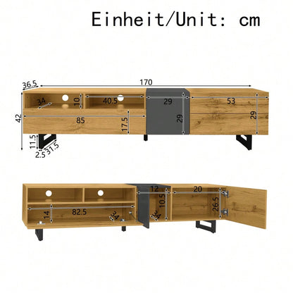 Colorblock-TV-Schrank, einfaches Kontrastfarbdesign, drei Türen und zwei Fächer, U-förmige Metallbeine, Retro-Holzmaserung