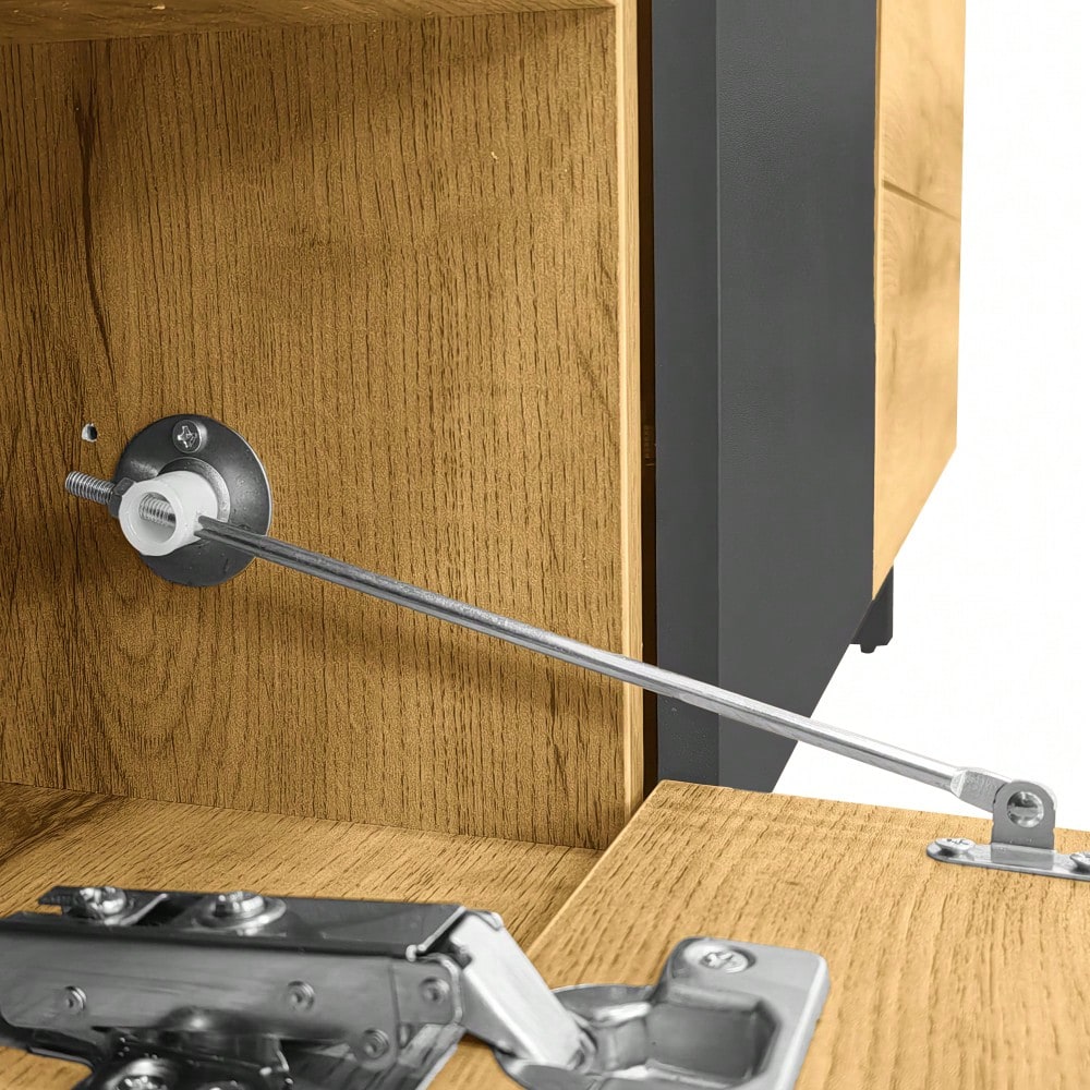 Colorblock-TV-Schrank, einfaches Kontrastfarbdesign, drei Türen und zwei Fächer, U-förmige Metallbeine, Retro-Holzmaserung