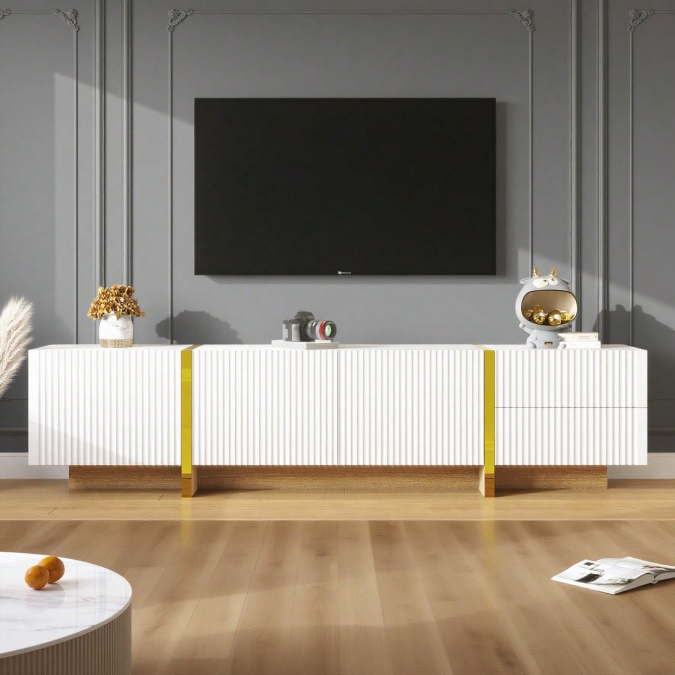 190 cm TV-Schrank, 3 Türen, 2 Schubladen, Weiß mit Gold und Holzmaserung