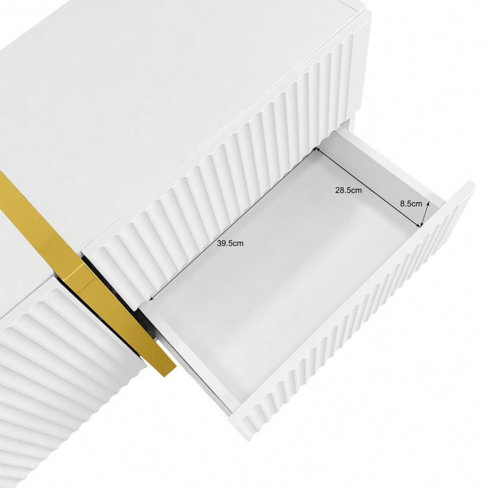 190 cm TV-Schrank, 3 Türen, 2 Schubladen, Weiß mit Gold und Holzmaserung