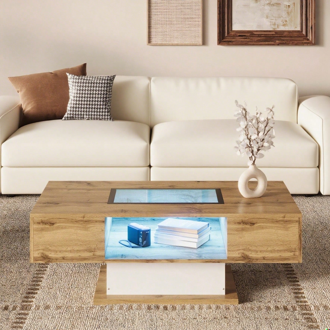 Couchtisch, Wohnzimmertisch mit farbwechselndem LED-Licht, mit Glas, Beistelltisch mit zwei Schubladen