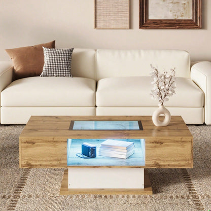 Couchtisch, Wohnzimmertisch mit farbwechselndem LED-Licht, mit Glas, Beistelltisch mit zwei Schubladen