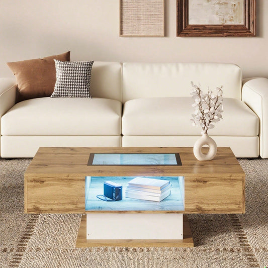 Couchtisch, Wohnzimmertisch mit farbwechselndem LED-Licht, mit Glas, Beistelltisch mit zwei Schubladen