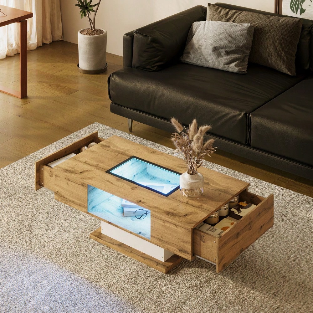 Couchtisch, Wohnzimmertisch mit farbwechselndem LED-Licht, mit Glas, Beistelltisch mit zwei Schubladen