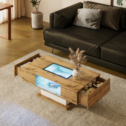Couchtisch, Wohnzimmertisch mit farbwechselndem LED-Licht, mit Glas, Beistelltisch mit zwei Schubladen