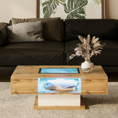 Couchtisch, Wohnzimmertisch mit farbwechselndem LED-Licht, mit Glas, Beistelltisch mit zwei Schubladen