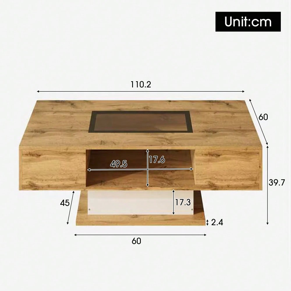 Couchtisch, Wohnzimmertisch mit farbwechselndem LED-Licht, mit Glas, Beistelltisch mit zwei Schubladen