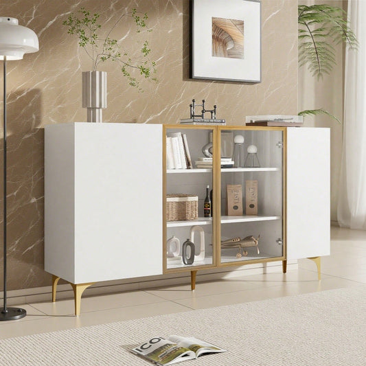 Elegantes 4-Tür Sideboard Weiß mit Glas & Metall, Modernes Design, Grifflos, Viel Stauraum, Sideboard Wohnzimmer Esszimmer Kommode Schrank Hochwertig