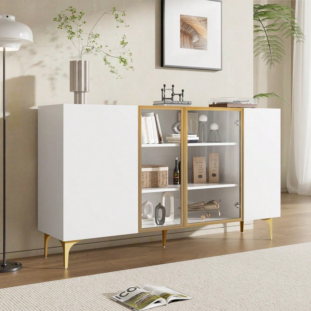 Elegantes 4-Tür Sideboard Weiß mit Glas & Metall, Modernes Design, Grifflos, Viel Stauraum, Sideboard Wohnzimmer Esszimmer Kommode Schrank Hochwertig