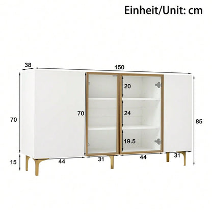 Elegantes 4-Tür Sideboard Weiß mit Glas & Metall, Modernes Design, Grifflos, Viel Stauraum, Sideboard Wohnzimmer Esszimmer Kommode Schrank Hochwertig