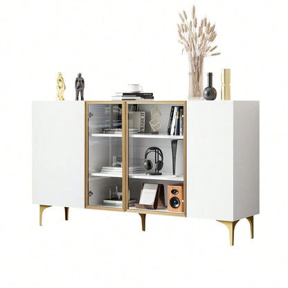 Elegantes 4-Tür Sideboard Weiß mit Glas & Metall, Modernes Design, Grifflos, Viel Stauraum, Sideboard Wohnzimmer Esszimmer Kommode Schrank Hochwertig