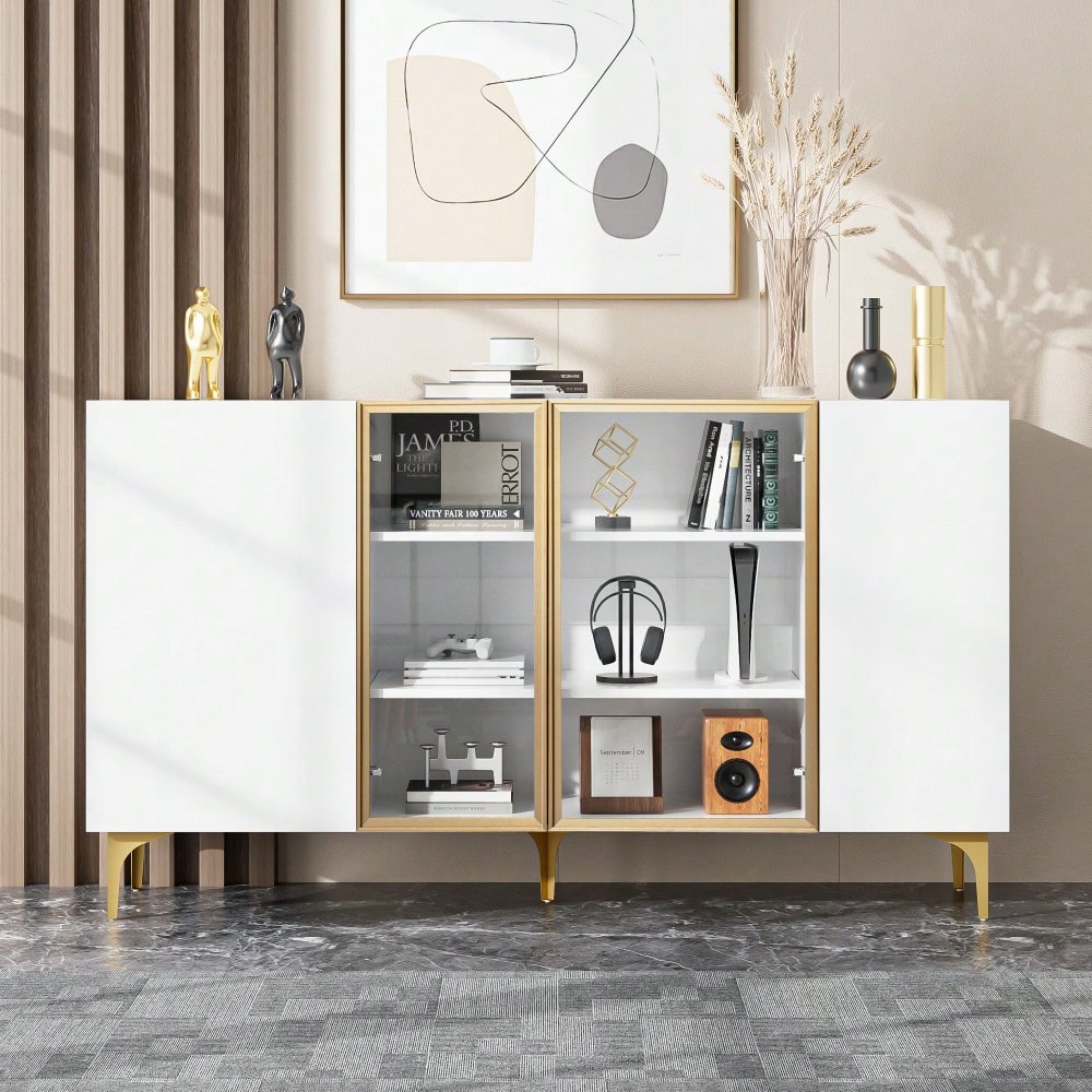 Elegantes 4-Tür Sideboard Weiß mit Glas & Metall, Modernes Design, Grifflos, Viel Stauraum, Sideboard Wohnzimmer Esszimmer Kommode Schrank Hochwertig