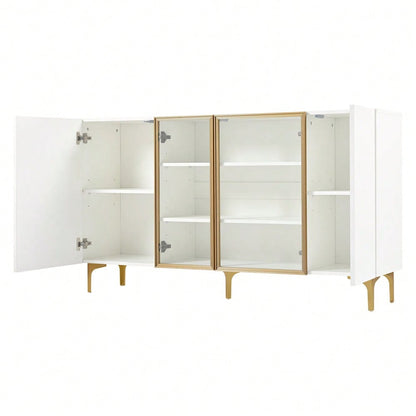 Elegantes 4-Tür Sideboard Weiß mit Glas & Metall, Modernes Design, Grifflos, Viel Stauraum, Sideboard Wohnzimmer Esszimmer Kommode Schrank Hochwertig
