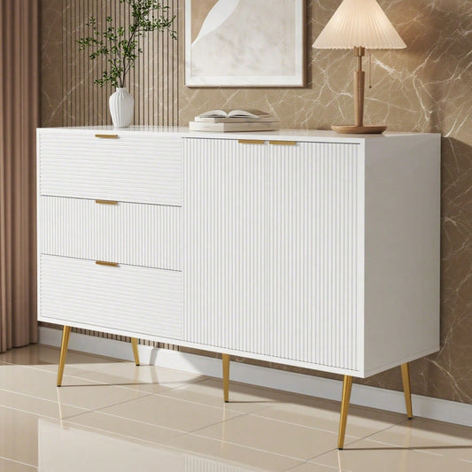 Sideboard, Wohnzimmerschrank mit Türen und Schubladen, Innenregalen, Kommode mit goldenen Griffen und Beinen