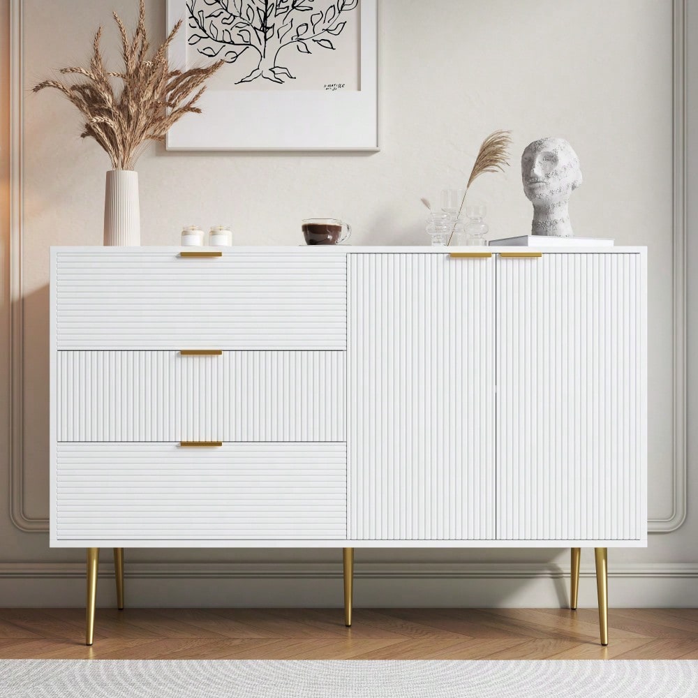 Sideboard, Wohnzimmerschrank mit Türen und Schubladen, Innenregalen, Kommode mit goldenen Griffen und Beinen
