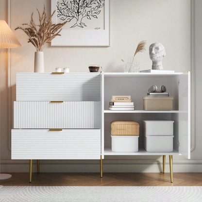 Sideboard, Wohnzimmerschrank mit Türen und Schubladen, Innenregalen, Kommode mit goldenen Griffen und Beinen