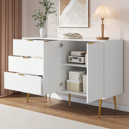 Sideboard, Wohnzimmerschrank mit Türen und Schubladen, Innenregalen, Kommode mit goldenen Griffen und Beinen