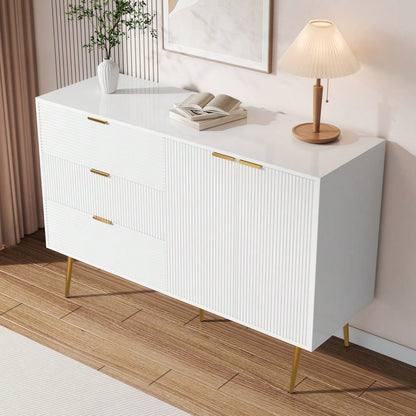 Sideboard, Wohnzimmerschrank mit Türen und Schubladen, Innenregalen, Kommode mit goldenen Griffen und Beinen