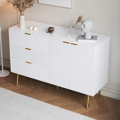 Sideboard, Wohnzimmerschrank mit Türen und Schubladen, Innenregalen, Kommode mit goldenen Griffen und Beinen