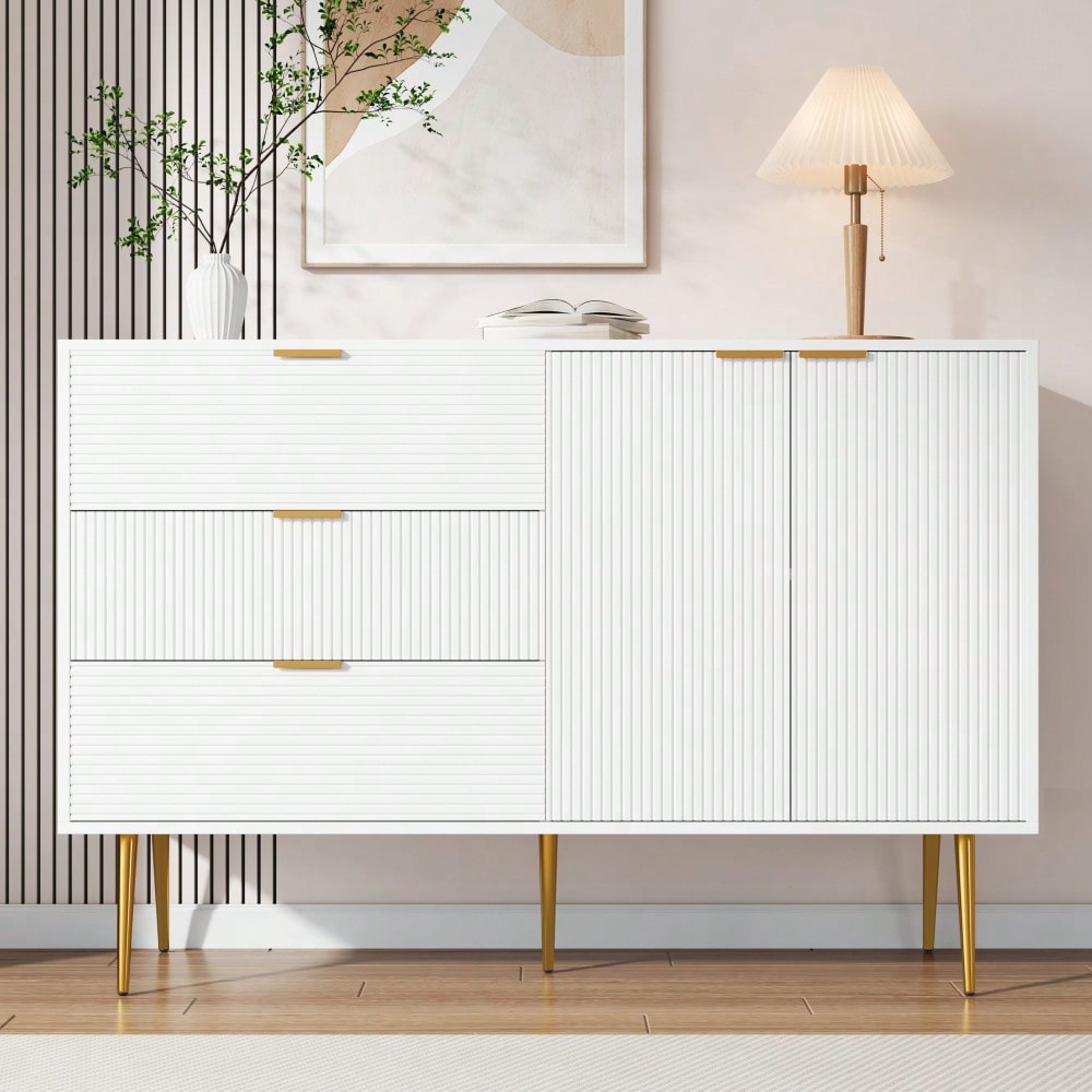 Sideboard, Wohnzimmerschrank mit Türen und Schubladen, Innenregalen, Kommode mit goldenen Griffen und Beinen