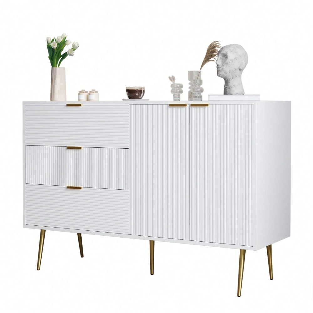 Sideboard, Wohnzimmerschrank mit Türen und Schubladen, Innenregalen, Kommode mit goldenen Griffen und Beinen