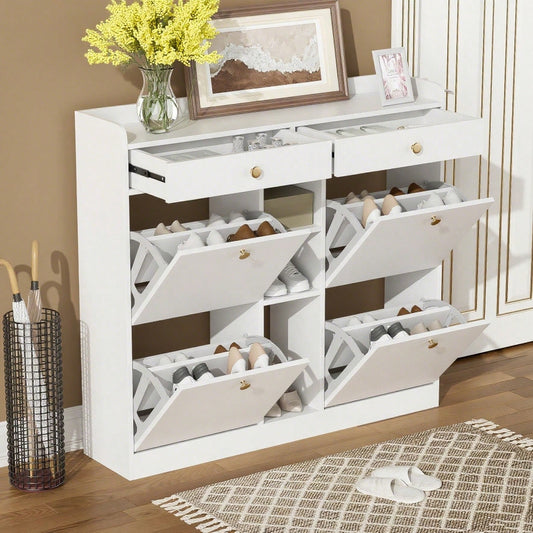Edler weißer Schuhschrank mit 4 Klapptüren, 2 Schubladen, 3 offenen Fächern - perfekt für moderne Flure und Eingangsbereiche, Maße 110 x 26 x 100 cm